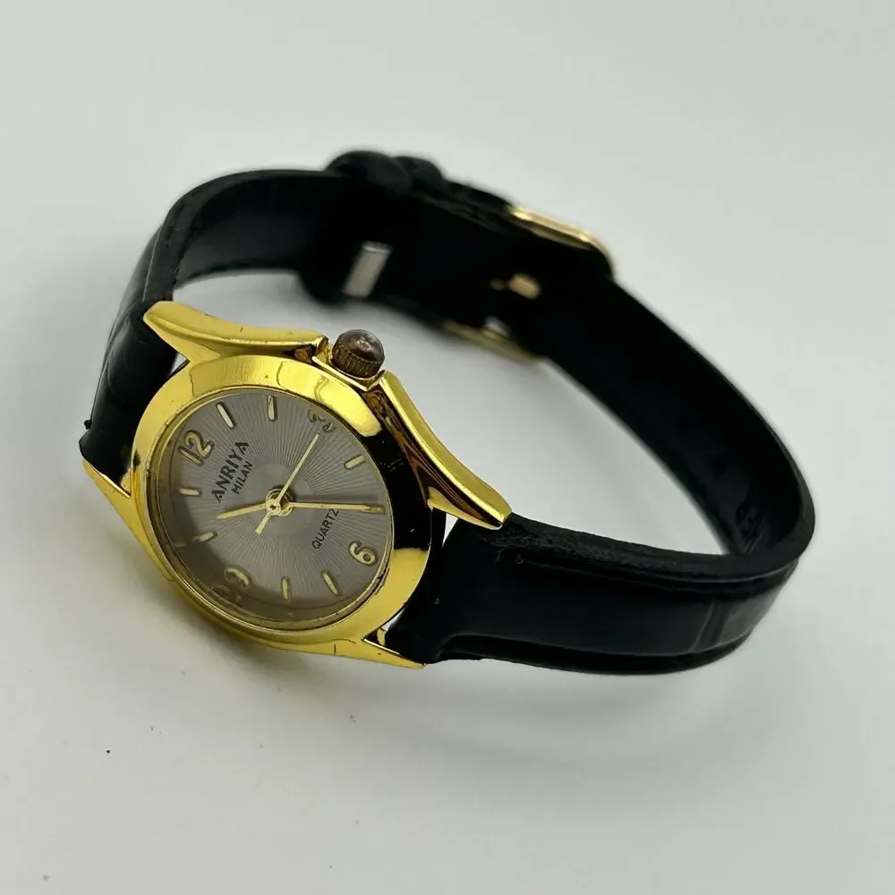 Anriya Milan Gold-tone Black Genuine Leather Women’s Quartz Watch New Battery